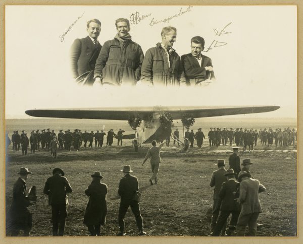 KINGSFORD-SMITH, Charles: A fully signed vintage photo-montage of the crew of the 'Southern Cross' shortly after their historic first trans-Pacific flight
