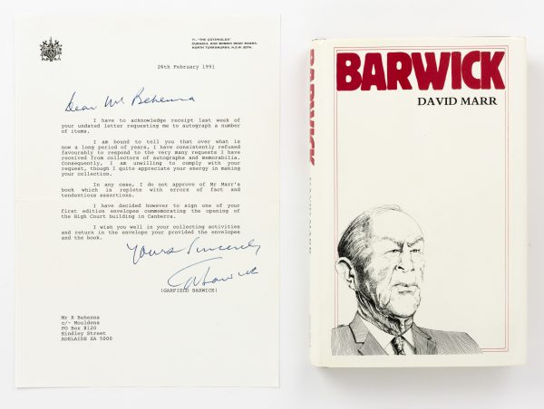 BARWICK, Sir Garfield: A word-processed letter signed by Sir Garfield Barwick, declining a request to sign a copy of David Marr's biography, 'Barwick'