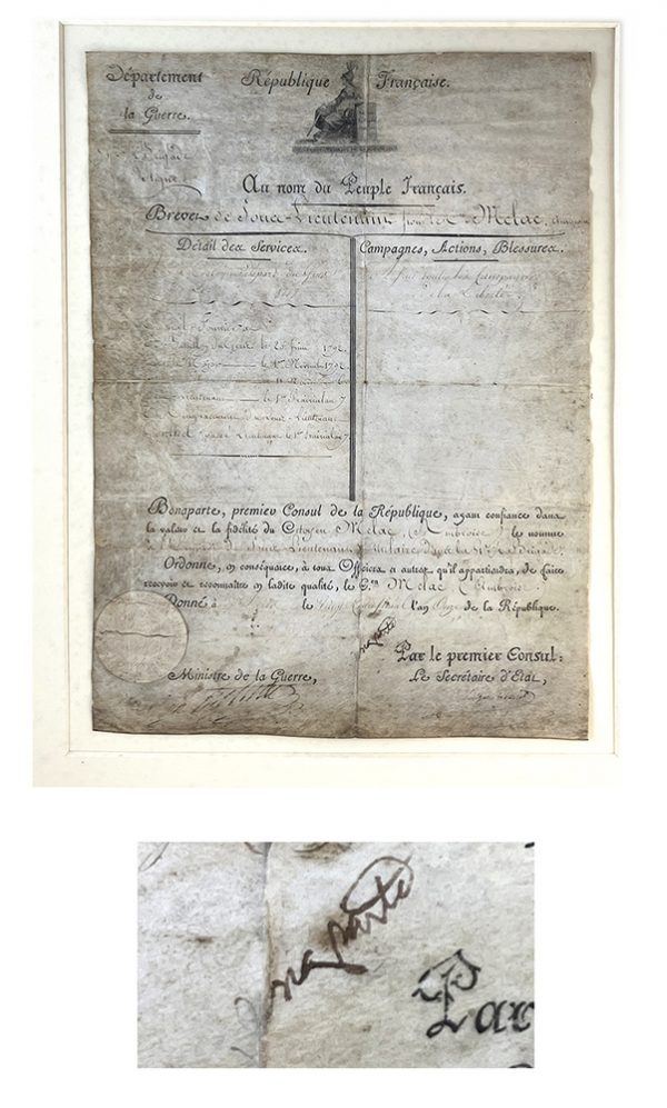 Bonaparte, Napoleon: MILITARY BREVET, 1803, SIGNED 'BONAPARTE'.