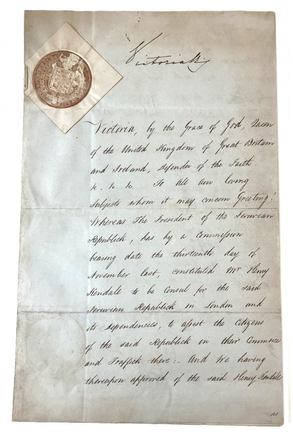 Victoria (Queen) & Lord Palmerston. APPROBATION FOR APPOINTMENT OF MR HENRY KENDALE AS CONSUL FOR PERU