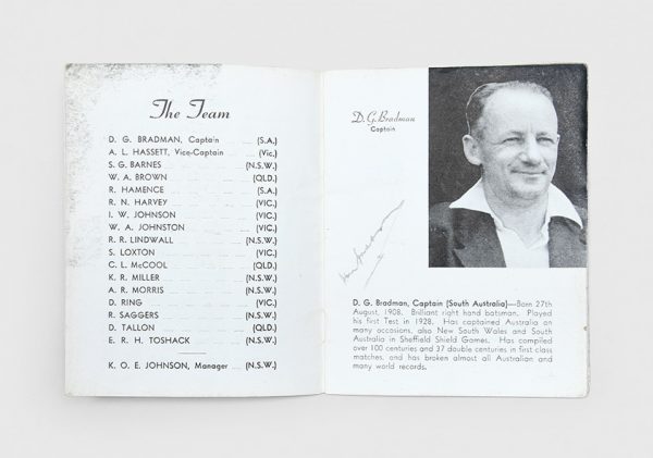 CRICKET. Souvenir programme for the 1948 Australian test tour of England, signed by the Don, his 16 fellow players, and the team manager, Keith Johnson. 1948.