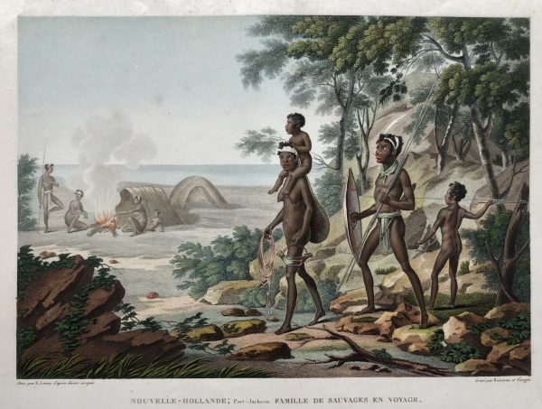 “NOUVELLE-HOLLANDE; PORT-JACKSON: FAMILLE DE SAUVAGES EN VOfYAGE”; SEBASTIAN LEROY, 1824.