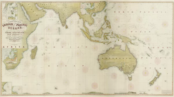 A General Chart of the Indian and Part of the Pacific Oceans, Shewing the Various Passages to & from China, Australia, New Zealand, &c. Carefully Constructed & Compiled from the most approved Observations and Modern Surveys, by J.S. Hobbs, F.R.G.S. Hydrog